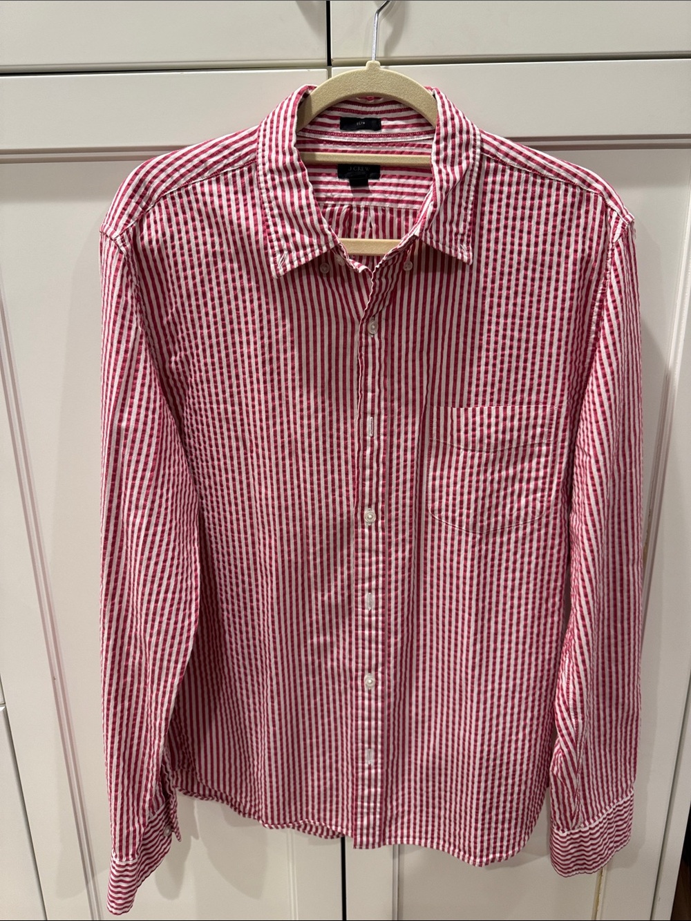 J. Crew Red and White Vertical Stripe Dress Shirt